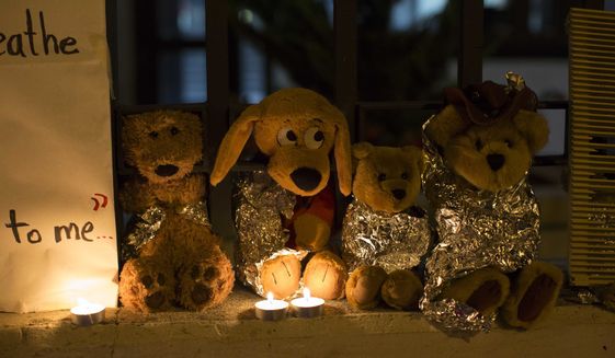 In this Wednesday, June 20, 2018, file photo, stuffed toy animals wrapped in aluminum foil representing migrant children separated from their families are displayed in protest in front of the U.S. Embassy in Guatemala City. In a report released Tuesday, June 8, 2021, the Biden administration says it has identified more than 3,900 children separated at the border under former President Donald Trump&#39;s zero-tolerance policy on illegal crossings. (AP Photo/Luis Soto, File)