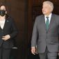 Vice President Kamala Harris walks with Mexican President Andres Manuel Lopez Obrador after arriving Tuesday, June 8, 2021, at the National Palace in Mexico City. (AP Photo/Jacquelyn Martin)