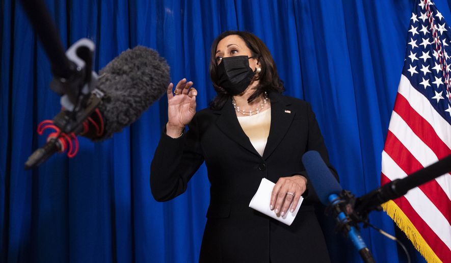 Vice President Kamala Harris speaks to the traveling press corps, Tuesday, June 8, 2021, at the Sofitel Mexico City Reforma in Mexico City. (AP Photo/Jacquelyn Martin)
