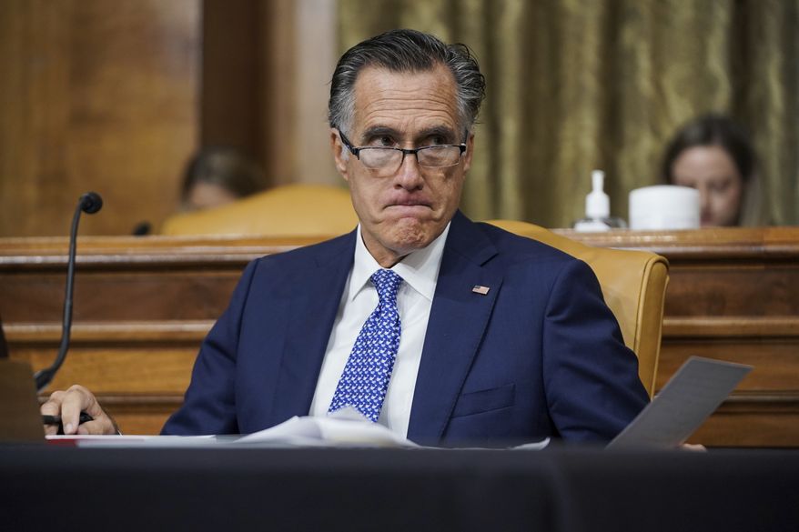 Sen. Mitt Romney, R-Utah, attends a Senate Budget Committee hearing to discuss President Joe Biden&#39;s budget request for FY 2022 on Tuesday, June 8, 2021, on Capitol Hill in Washington. (Greg Nash/Pool via AP) ** FILE **
