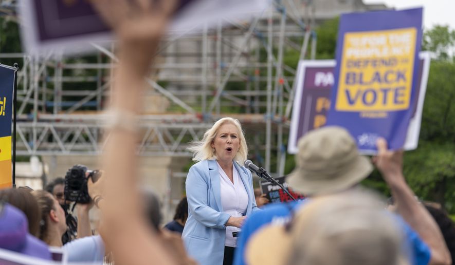 Sen. Kirsten Gillibrand, D-N.Y., speaks at a rally in front of the Supreme Court in Washington, Wednesday, June 9, 2021, to support the Senate&#39;s upcoming election bill. (AP Photo/Andrew Harnik)