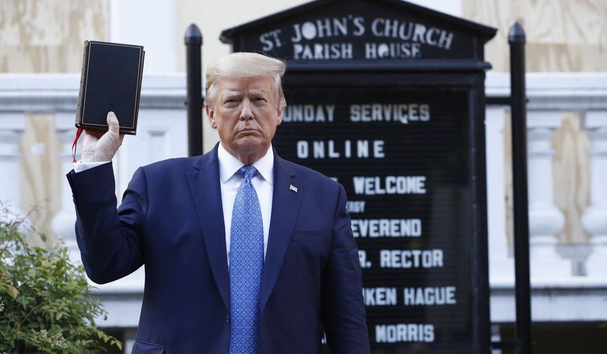 In this June 1, 2020, file photo President Donald Trump holds a Bible as he visits outside St. John&#39;s Church across Lafayette Park from the White House in Washington. An internal investigation has determined that the decision to clear racial justice protestors from an area in front of the White House last summer was not influenced by then-President Donald Trumps plans for a photo opportunity at that spot. The report released Wednesday by the Department of Interiors Inspector General concludes that the protestors were cleared by U.S. Park Police on June 1 of last year so new fencing could be installed. (AP Photo/Patrick Semansky) **FILE**