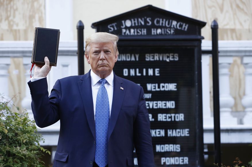 In this June 1, 2020, file photo President Donald Trump holds a Bible as he visits outside St. John's Church across Lafayette Park from the White House in Washington. An internal investigation has determined that the decision to clear racial justice protestors from an area in front of the White House last summer was not influenced by then-President Donald Trumps plans for a photo opportunity at that spot. The report released Wednesday by the Department of Interiors Inspector General concludes that the protestors were cleared by U.S. Park Police on June 1 of last year so new fencing could be installed. (AP Photo/Patrick Semansky) **FILE**
