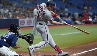 Washington Nationals&#39; Ryan Zimmerman (11) connects for a two-run home run off Tampa Bay Rays relief pitcher Jeffrey Springs during the fifth inning of a baseball game Wednesday, June 9, 2021, in St. Petersburg, Fla. (AP Photo/Chris O&#39;Meara)