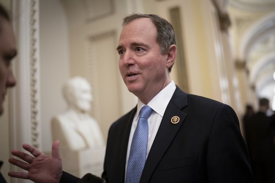In this Tuesday, March 3, 2020, photo, House Intelligence Committee Chairman Adam Schiff, D-Calif., talks to reporters on Capitol Hill in Washington, D.C. (AP Photo/J. Scott Applewhite) **FILE**