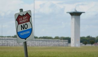In this Aug. 28, 2020, file photo, a no trespassing sign is displayed outside the federal prison complex in Terre Haute, Ind. (AP Photo/Michael Conroy, File)  **FILE**