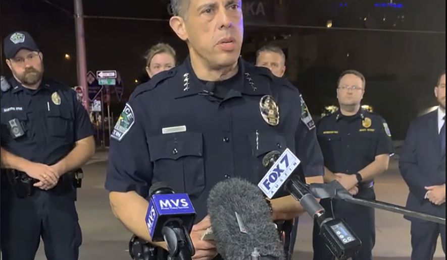 This photo provided by Austin Police Department shows Chief Chacon providing an update on overnight shootings in Austin, Texas, early Saturday, June 12, 2021. Chacon says gunfire erupted in a busy entertainment district downtown early Saturday injuring several. (Austin Police Department via AP)