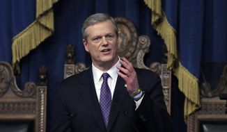 FILE - In this Tuesday, Jan. 21, 2020 file photo, Massachusetts Gov. Charlie Baker delivers his state of the state address in the House Chamber at the Statehouse in Boston. While governors across the country are ending all or most of their coronavirus restrictions, many of them are keeping their pandemic emergency orders in place. Those orders allow them to restrict public gatherings and businesses, mandate masks, sidestep normal purchasing rules, tap into federal money and deploy National Guard troops to administer vaccines.  (AP Photo/Steven Senne, File)