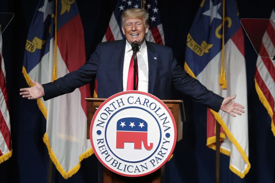 Former President Donald Trump speaks at the North Carolina Republican Convention in Greenville, N.C., on Saturday, June 5, 2021. (AP Photo/Chris Seward) ** FILE **