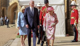 Britain&#39;s Queen Elizabeth II with President Joe Biden and First Lady Jill Biden during a visit to Windsor Castle, in Windsor, England, Sunday June 13, 2021. The queen hosted President Joe Biden and First Lady Jill Biden at Windsor Castle, her royal residence near London. Biden flew to London after wrapping up his participation in a three-day summit of leaders of the world&#39;s wealthy democracies in Cornwall, in southwestern England. (Arthur Edwards/Pool via AP)