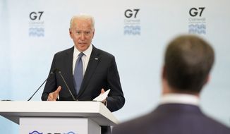 President Joe Biden speaks during a news conference after attending the G-7 summit, Sunday, June 13, 2021, at Cornwall Airport in Newquay, England. (AP Photo/Patrick Semansky)