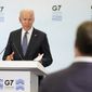 President Joe Biden speaks during a news conference after attending the G-7 summit, Sunday, June 13, 2021, at Cornwall Airport in Newquay, England. (AP Photo/Patrick Semansky)
