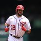 Washington Nationals&#39; Kyle Schwarber rounds the bases after his home run during the first inning of a baseball game against the San Francisco Giants, Sunday, June 13, 2021, in Washington. (AP Photo/Nick Wass)