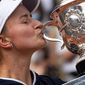 Czech Republic&#x27;s Barbora Krejcikova kisses the cup after defeating Russia&#x27;s Anastasia Pavlyuchenkova during their final match of the French Open tennis tournament at the Roland Garros stadium Saturday, June 12, 2021 in Paris. (AP Photo/Michel Euler) **FILE***