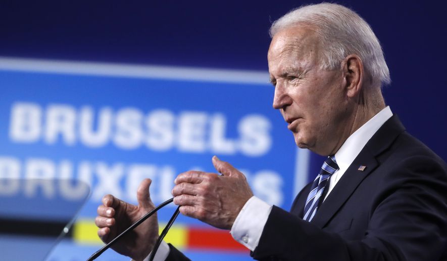 U.S. President Joe Biden speaks during a media conference at a NATO summit in Brussels, Monday, June 14, 2021. U.S. President Joe Biden is taking part in his first NATO summit, where the 30-nation alliance hopes to reaffirm its unity and discuss increasingly tense relations with China and Russia, as the organization pulls its troops out after 18 years in Afghanistan. (Olivier Hoslet, Pool via AP)