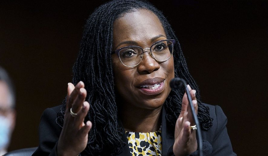 In this April 28, 2021, file photo, Ketanji Brown Jackson, nominated to be a U.S. Circuit Judge for the District of Columbia Circuit, testifies before a Senate Judiciary Committee hearing on pending judicial nominations, on Capitol Hill in Washington. The Senate is expected to narrowly confirm Ketanji Brown Jackson for the powerful U.S. Court of Appeals for the District of Columbia. She is widely expected to land on President Joe Biden&#x27;s short list should a Supreme Court vacancy arise. (Kevin Lamarque/Pool via AP) ** FILE **