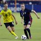 USA defender Emily Sonnett (14) moves the ball past Jamaica midfielder Havana Solaun (6) during the second half of their 2021 WNT Summer Series match Sunday, June 13, 2021, in Houston. (AP Photo/Michael Wyke) ** FILE **