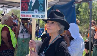 Activist Jane Fonda joins hundreds of protesters chanting &amp;quot;Stop Line 3!&amp;quot; and &amp;quot;Water is life!&amp;quot; gathered at the headwaters of the Mississippi River in in Solway, Minn., on Monday, June 7, 2021 to resist a Canadian-based company&#39;s plan to replace an aging pipeline that carries crude oil from Alberta to Wisconsin. (AP Photo by David Kolpack)