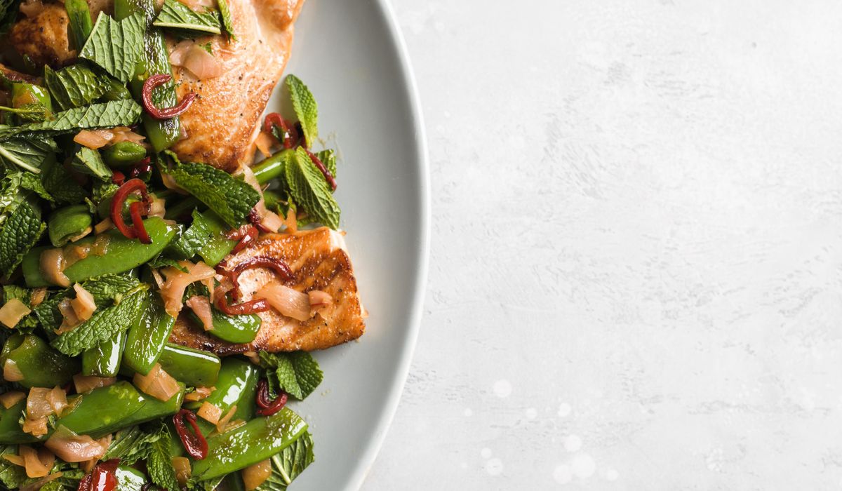 NextImg:Seared salmon with chilies, pickled ginger and snap peas: Asian seasonings simplify weeknight salmon