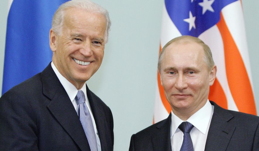 In this March 10, 2011, file photo, then-Vice President Joe Biden, left, shakes hands with Russian Prime Minister Vladimir Putin in Moscow, Russia. Central and Eastern European nations are anxious about the Wednesday, June 16, 2021, summit meeting between now-U.S. President Biden and Putin, wary of what they see as hostile intentions from the Kremlin. (RIA Novostia/Alexei Druzhinin/Pool via AP) ** FILE **