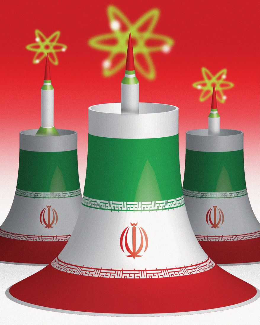 Illustration on Iran and nuclear weapons policy by Linas Garsys/The Washington Times
