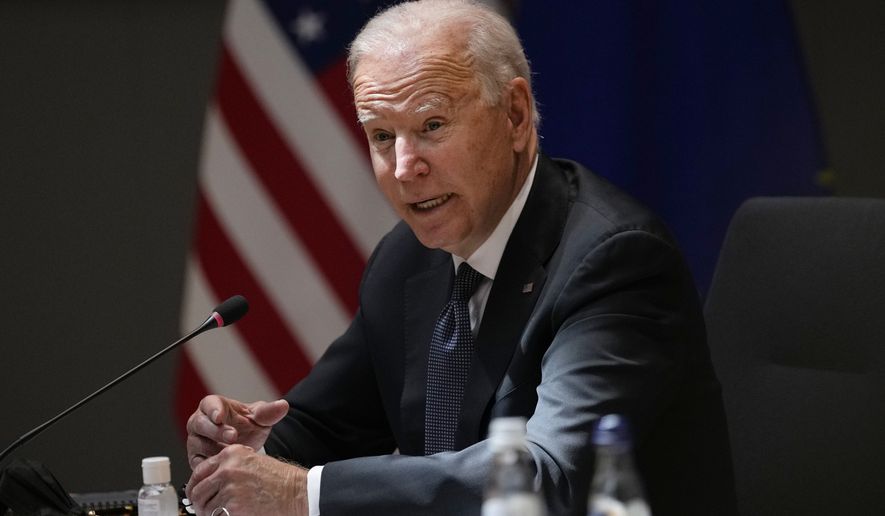 U.S. President Joe Biden speaks during the EU-US summit at the European Council building in Brussels, Tuesday, June 15, 2021. (AP Photo/Francisco Seco)