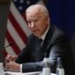 U.S. President Joe Biden speaks during the EU-US summit at the European Council building in Brussels, Tuesday, June 15, 2021. (AP Photo/Francisco Seco)