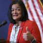Rep. Pramila Jayapal, D-Wash., chair of the Congressional Progressive Caucus, pauses for reporters after a meeting of the House Democratic Caucus and Biden administration officials to discuss progress on an infrastructure bill, at the Capitol in Washington, Tuesday, June 15, 2021. (AP Photo/J. Scott Applewhite)