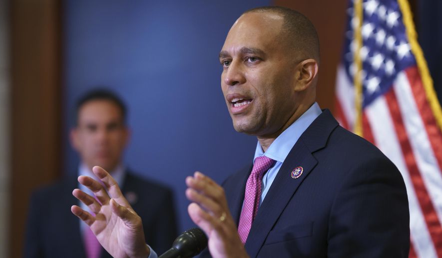 In this file photo, House Democratic Caucus Chair Hakeem Jeffries, D-N.Y., speaks to reporters after a meeting with Biden administration officials at the U.S. Capitol in Washington, Tuesday, June 15, 2021. Mr. Jeffries is among the sponsors of the Eliminating a Quantifiably Unjust Application of the Law, or EQUAL, Act, bipartisan legislation to reform federal sentencing for drug offenses. (AP Photo/J. Scott Applewhite)  **FILE**