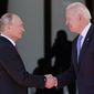 President Joe Biden meets with Russian President Vladimir Putin, Wednesday, June 16, 2021, in Geneva, Switzerland. (AP Photo/Patrick Semansky)