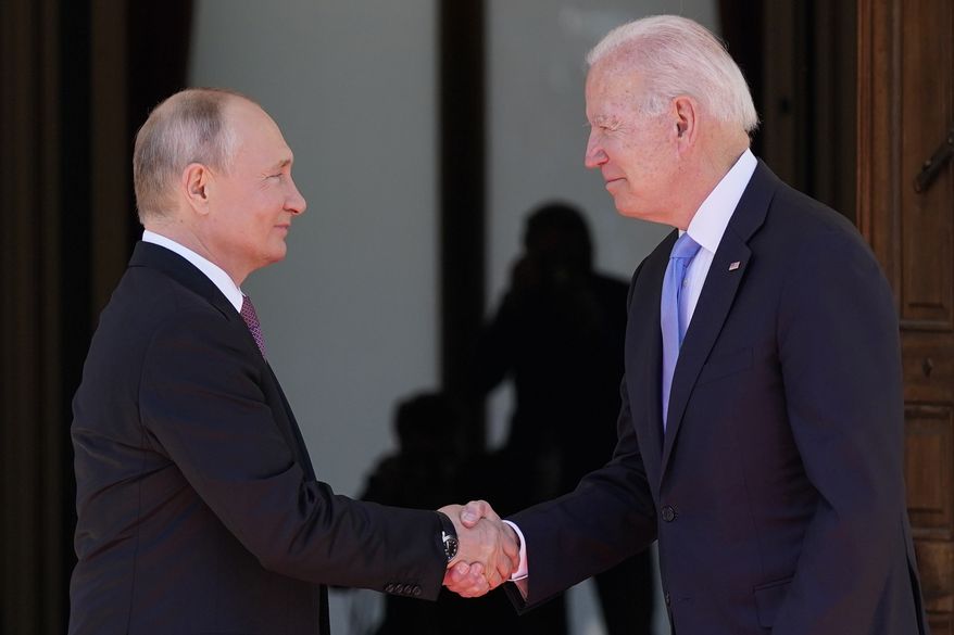President Joe Biden meets with Russian President Vladimir Putin, Wednesday, June 16, 2021, in Geneva, Switzerland. (AP Photo/Patrick Semansky)