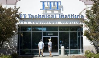 Students find the doors locked to the ITT Technical Institute campus in Rancho Cordova, Calif. The U.S. Education Department says it&#39;s erasing student debt for thousands of borrowers who attended a for-profit college chain that made exaggerated claims about its graduates&#39; success in finding jobs. The Biden administration is approving 18,000 loan forgiveness claims from former students of ITT Technical Institute, a chain that closed in 2016. (AP Photo/Rich Pedroncelli, File)