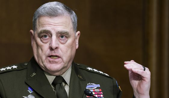 Chairman of the Joint Chiefs Chairman Gen. Mark Milley testifies before a Senate Appropriations Committee hearing, Thursday, June 17, 2021, on Capitol Hill in Washington. (Evelyn Hockstein/Pool via AP) **FILE**
