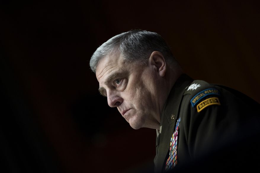 Chairman of the Joint Chiefs Chairman Gen. Mark Milley testifies before a Senate Appropriations Committee hearing to examine proposed budget estimates and justification for fiscal year 2022 for the Department of Defense in Washington on Thursday, June 17, 2021. (Caroline Brehman/Pool via AP) **FILE**