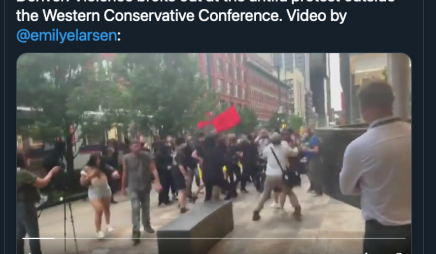 A screen capture from independent journalist Andy Ngo&#39;s Twitter account, taken June 19, 2021. Video shown in tweet via Emily Brooks of the Washington Examiner. (Twitter.com/MrAndyNgo)
