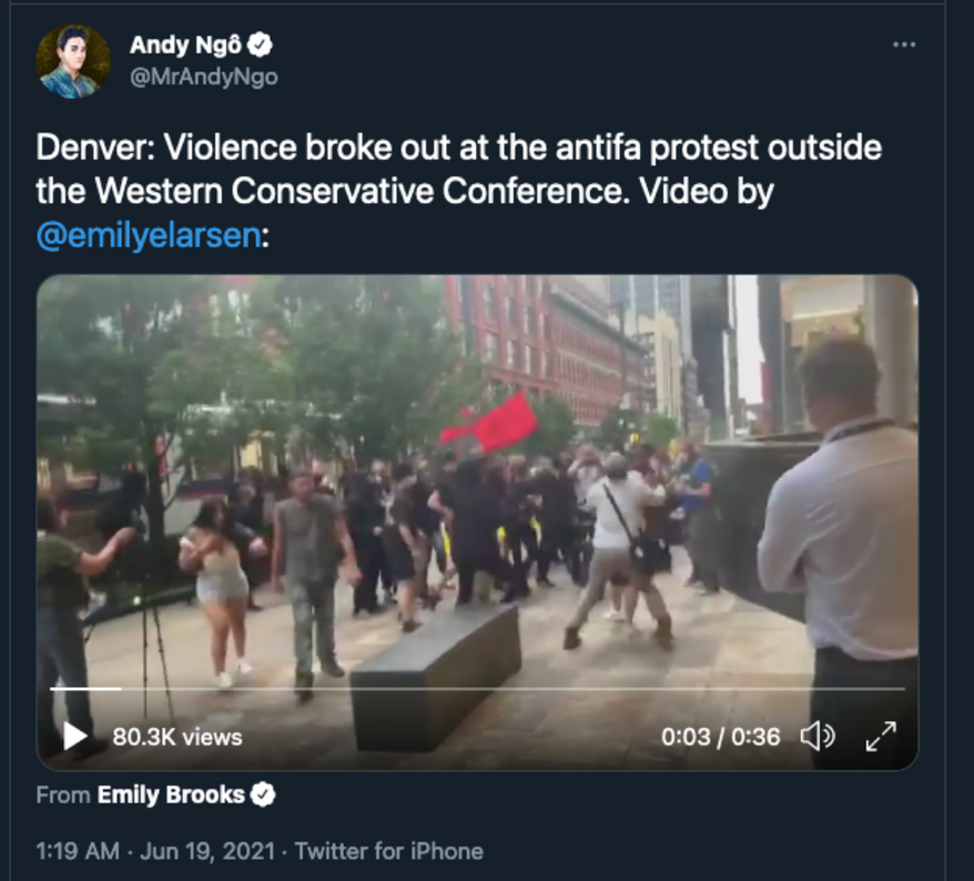 A screen capture from independent journalist Andy Ngo&#39;s Twitter account, taken June 19, 2021. Video shown in tweet via Emily Brooks of the Washington Examiner. (Twitter.com/MrAndyNgo)