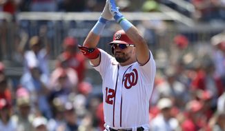 Washington Nationals&#x27; Kyle Schwarber celebrates his home run during the fifth inning of a baseball game against the New York Mets, Sunday, June 20, 2021, in Washington. (AP Photo/Nick Wass)