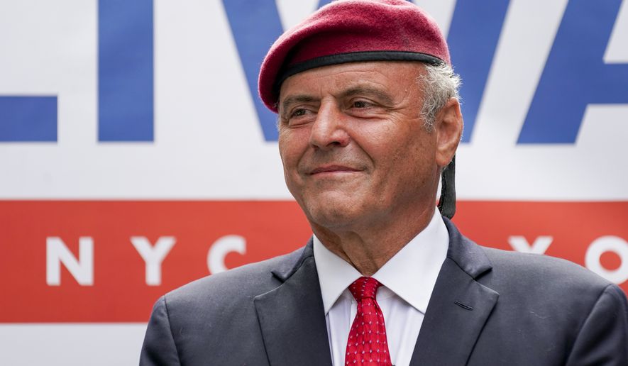 Republican mayoral candidate Curtis Sliwa smiles during a campaign event, Monday, June 21, 2021, in New York. Former New York City Mayor Rudy Giuliani endorsed Sliwa. (AP Photo/Mary Altaffer)