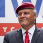 Republican mayoral candidate Curtis Sliwa smiles during a campaign event, Monday, June 21, 2021, in New York. Former New York City Mayor Rudy Giuliani endorsed Sliwa. (AP Photo/Mary Altaffer)