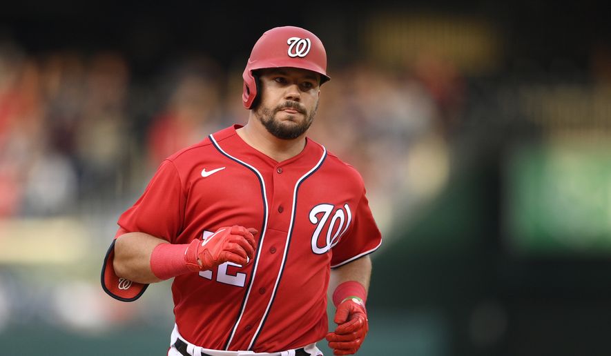Washington Nationals&#x27; Kyle Schwarber rounds the bases on his three-run home run during the fourth inning of the second baseball game of a doubleheader against the New York Mets, Saturday, June 19, 2021, in Washington. (AP Photo/Nick Wass) **FILE**