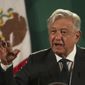 Mexican President Andres Manuel Lopez Obrador gives his daily press conference at the National Palace in Mexico City, Tuesday, June 8, 2021. (AP Photo/Marco Ugarte)