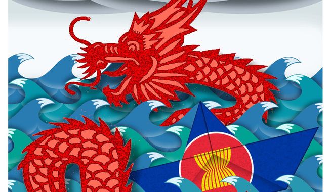 Illustration on ASEAN and China by Alexander Hunter/The Washington Times