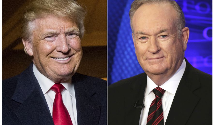 This combination photo shows Donald Trump and former Fox News host Bill O&#39;Reilly, compiled in 2015 to announce  Mr. O&#39;Reilly&#39;s book &quot;The United States of Trump: How the President Really Sees America.&quot; The pair will join up for a four-city tour in December. (Associated Press)