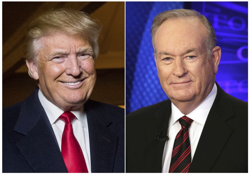 This combination photo shows Donald Trump and former Fox News host Bill O&#39;Reilly, compiled in 2015 to announce  Mr. O&#39;Reilly&#39;s book &quot;The United States of Trump: How the President Really Sees America.&quot; The pair will join up for a four-city tour in December. (AP PHOTO)