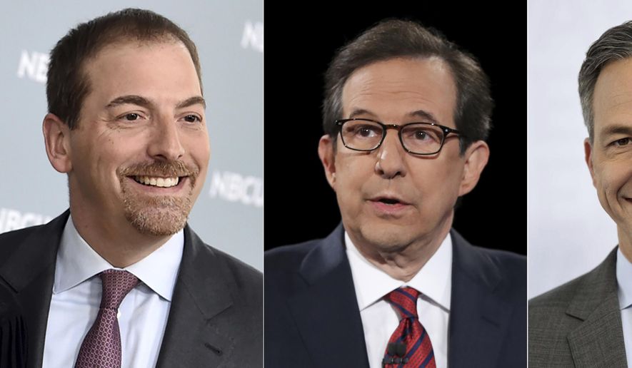 This photo compilation shows, from left to right, Chuck Todd, host of NBC&#x27;s &quot;Meet the Press; former &quot;Fox News Sunday&quot; anchor Chris Wallace; and Jake Tapper of CNN. A new poll by the Trafalgar Group revealed that 76.3% of respondents from all political affiliations said that “the primary focus of the mainstream media’s coverage of current events is to advance their own opinions or political agendas,” compared to only 23.7% who said news media was interested in “finding and reporting the facts.” (AP Photo)  **FILE**