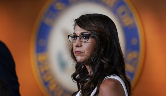 Rep. Lauren Boebert, R-Colo., pauses during a news conference to announce her resolution to censure President Joe Biden, claiming he is not enforcing border security and immigration laws, at the Capitol in Washington, Wednesday, June 23, 2021. A group of conservative Republicans also had criticism for Vice President Kamala Harris who is set to make her first visit to the U.S.-Mexico border since taking office. (AP Photo/J. Scott Applewhite) **FILE**