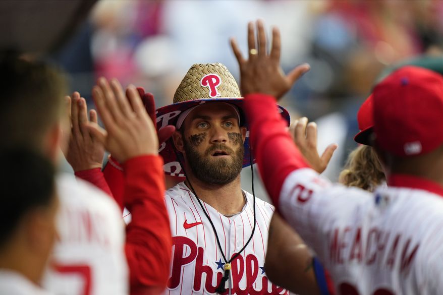 Philadelphia Phillies&#39; Bryce Harper reacts after hitting a home run during a baseball game against the Washington Nationals, Tuesday, June 22, 2021, in Philadelphia. (AP Photo/Matt Slocum) **FILE**