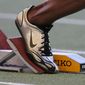 A Nike running shoe is seen in the starting block during the IAAF Athletics World Final in Stuttgart, southern Germany, in this Saturday, Sept 9, 2006, file photo.  (AP Photo/Daniel Maurer, File)  **FILE**