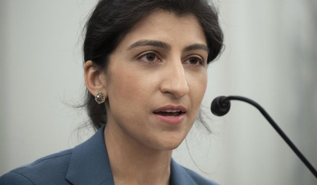In this April 21, 2021, file photo, Lina Khan, speaks during a Senate Committee on Commerce, Science, and Transportation confirmation hearing on Capitol Hill in Washington. (Saul Loeb/Pool via AP) ** FILE **