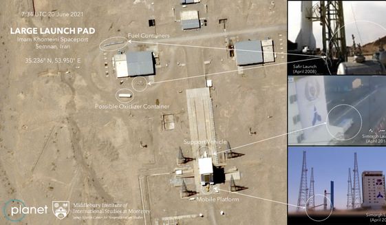 This satellite image provided by Planet Labs Inc. that has been annotated by experts at the James Martin Center for Nonproliferation Studies at Middlebury Institute of International Studies shows preparation at the Imam Khomeini Spaceport in Iran&#39;s Semnan province on  June 20, 2021 before what experts believe will be the launch of a satellite-carrying rocket. Iran likely conducted a failed launch of a satellite-carrying rocket in recent days and now appears to be preparing to try again, their latest effort to advance their space program amid tensions with the West over its tattered nuclear deal. (Planet Labs Inc., James Martin Center for Nonproliferation Studies at Middlebury Institute of International Studies via AP)